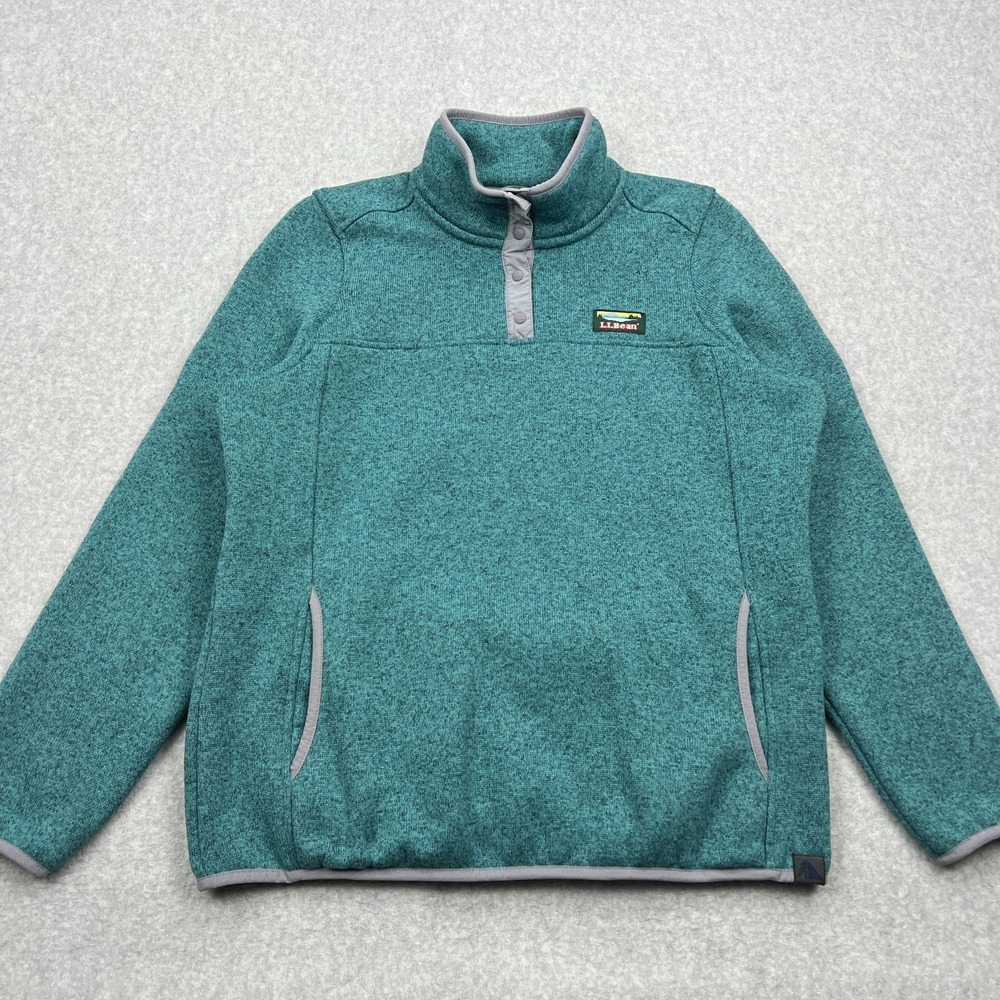 L.L.Bean Sweater Fleece Pullover‎ Women's Large Teal 1/4 Snap Knit Logo Pullover